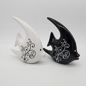 Ceramic Tropical Fish Pair Figure White Black 7.5" Tall Home Decor